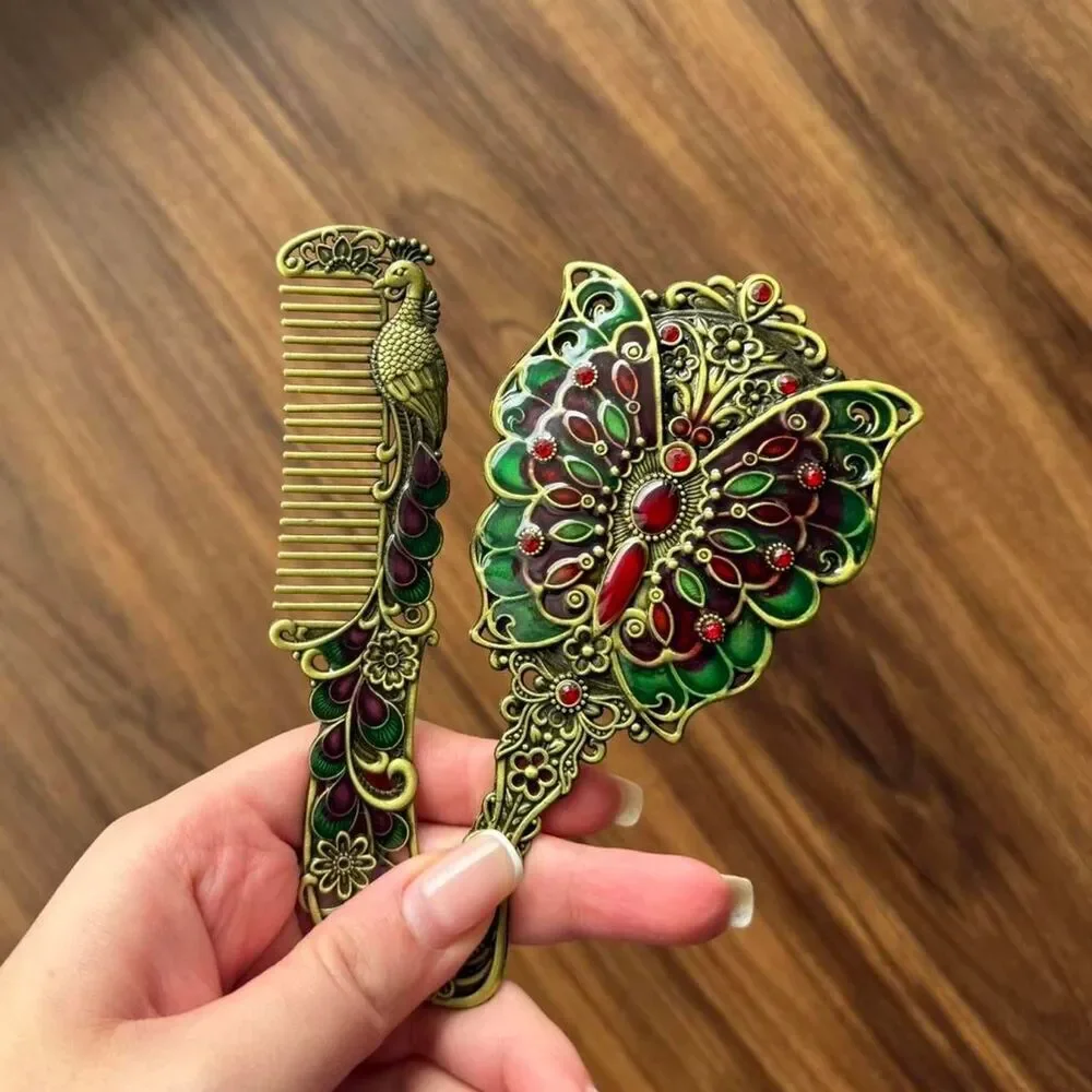 Vintage Peacock Comb & Butterfly Mirror Vanity Set | Deep Gold Green Purple